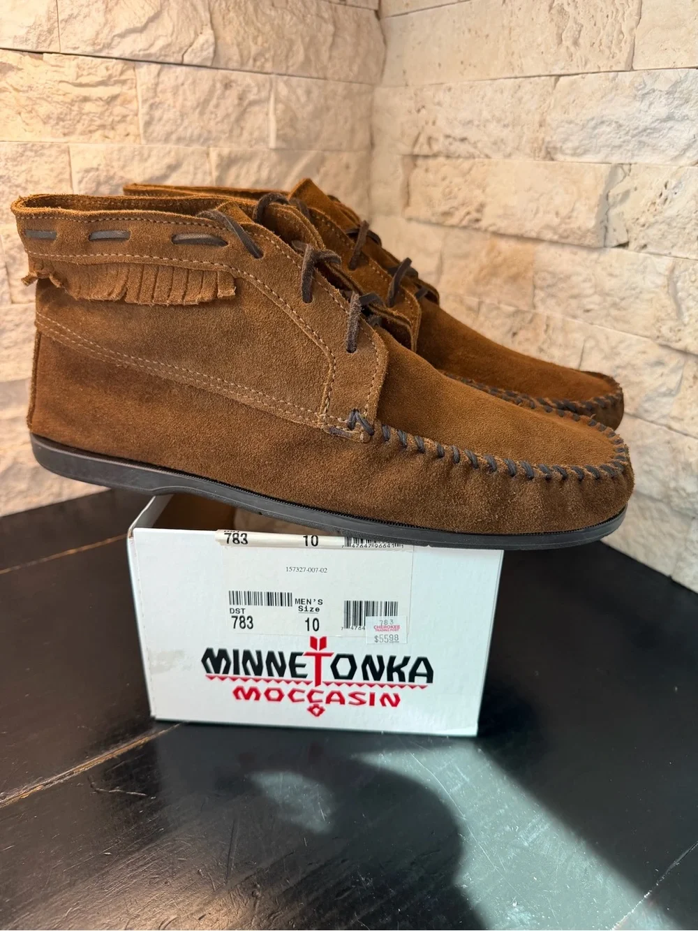 Minnetonka Chukka Boot Fringe Moccasins Vintage Brown Suede Lace Up Men’s 10